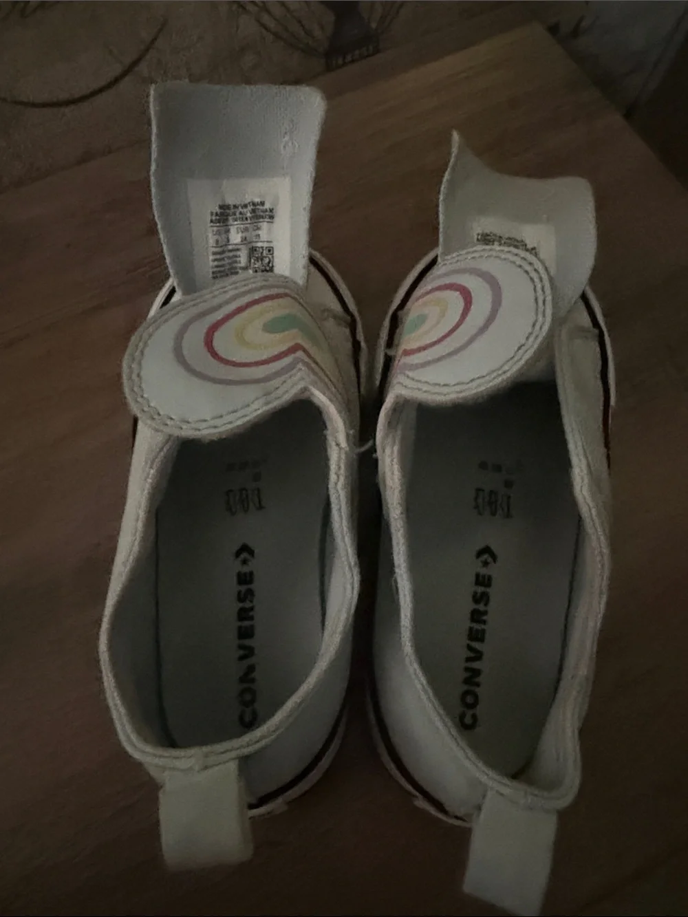 Kids Converse size 8T White and teal Slip-On Sneakers with Rainbow Heart Detail